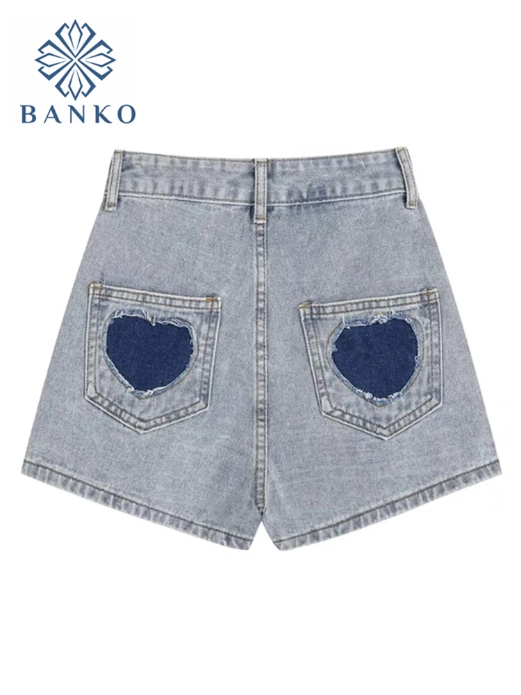 

Streetwear Heart Print Shorts Jeans Women 2022 Summer Sweet Korean Style Fashion High Waist All-Match A-line Denim Shorts Female