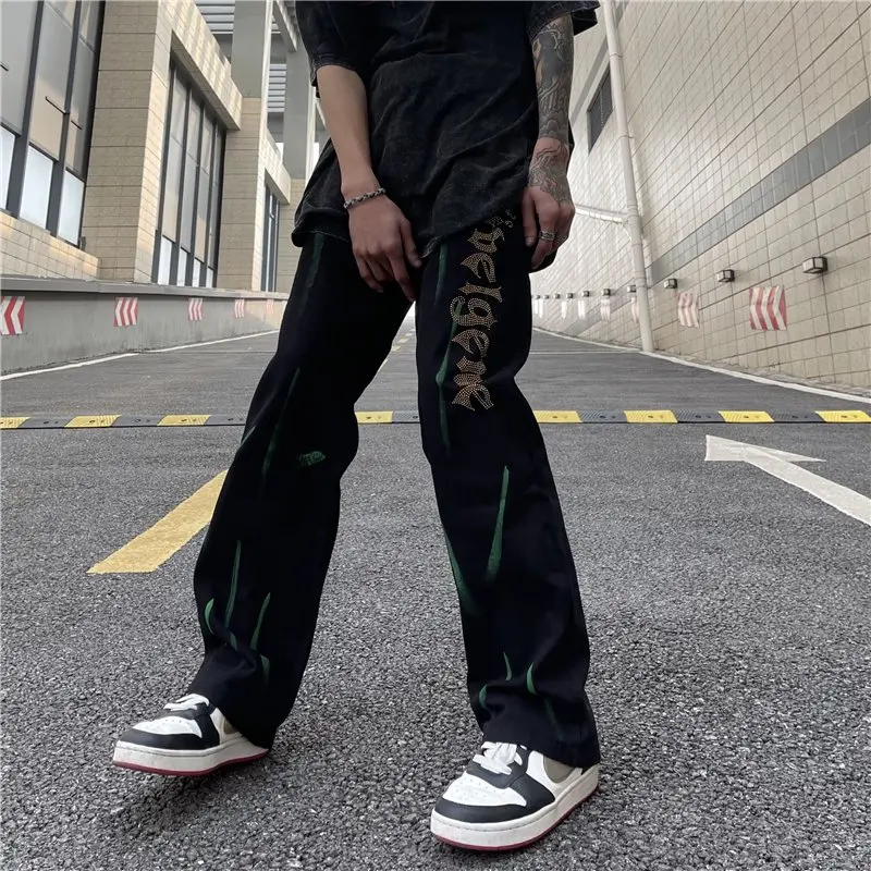 

2022 Ropa Letter Rhinestone Embroidery Baggy Men Jeans Pants New Fashion Straight Vintage Hip Hop Denim Trousers Pantalon Homme