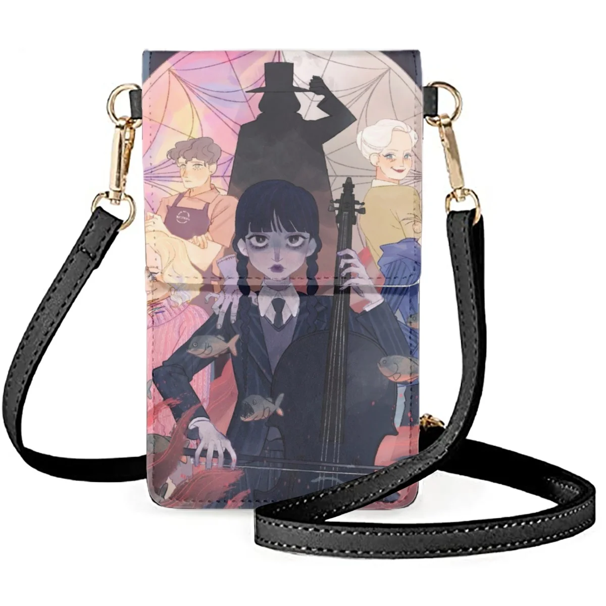 

Cartoon Wednesday Shoulder Bags Addams Graphic Leather Diagonal Satchel Women's Versatile Messenger Flip Pouch Multifunction Bag