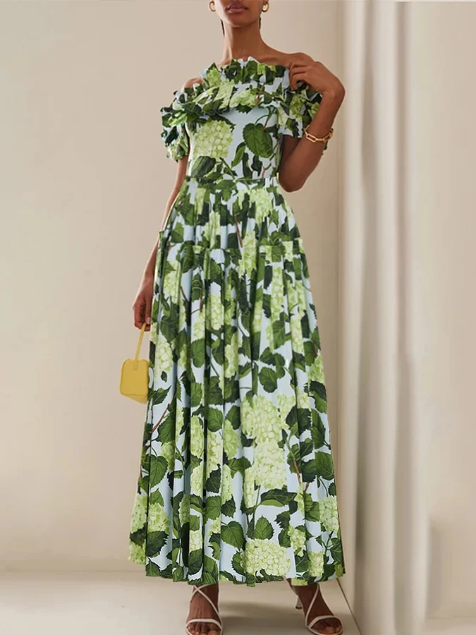 

2023Female Green Fashion Vintage Elegant Printed One-line Shoulder Lace Pleats Romantic Beach Vacation Travel Swimsuit Longskirt