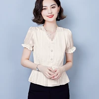 acetate satin puff sleeve office lady blouses thin v neck casual shirts summer 2022 women clothing pullover korean fashion tees