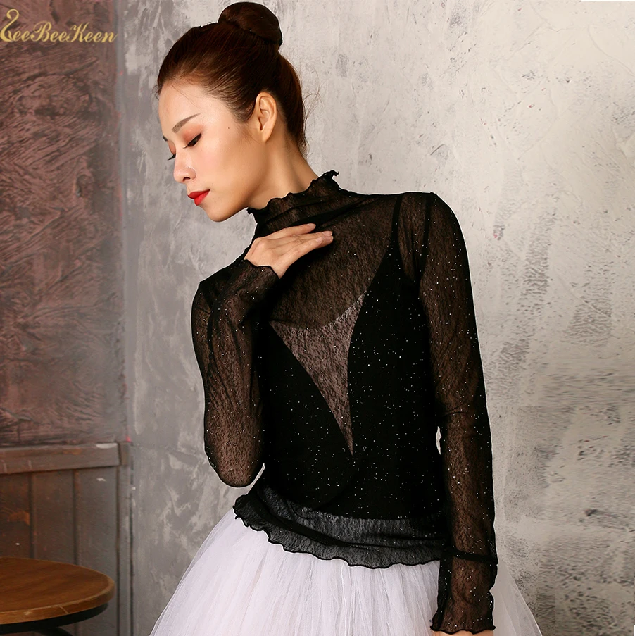 

Ballerina Ballet Leotards Temperament High Collar Women Ballet Tops Adult Summer Yoga/Dance/Sport Mesh Sequins Ballet Leotards