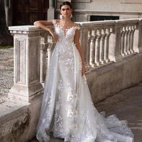 elegant white lace appliques cap sleeves a line backless wedding dresses 2022 detachable train bridal gowns vestidos de novia