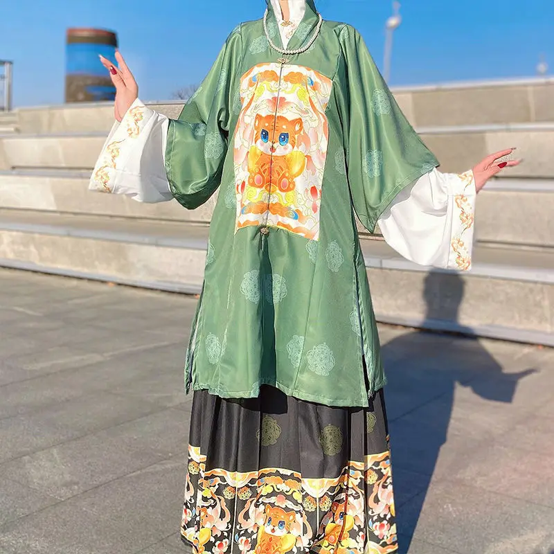 

HASAHOU[cute tiger]Original Hanfu Female Cothing Plus Velvet Ming Dynasty Embroidered Horse Face Jacket Skirt Spring