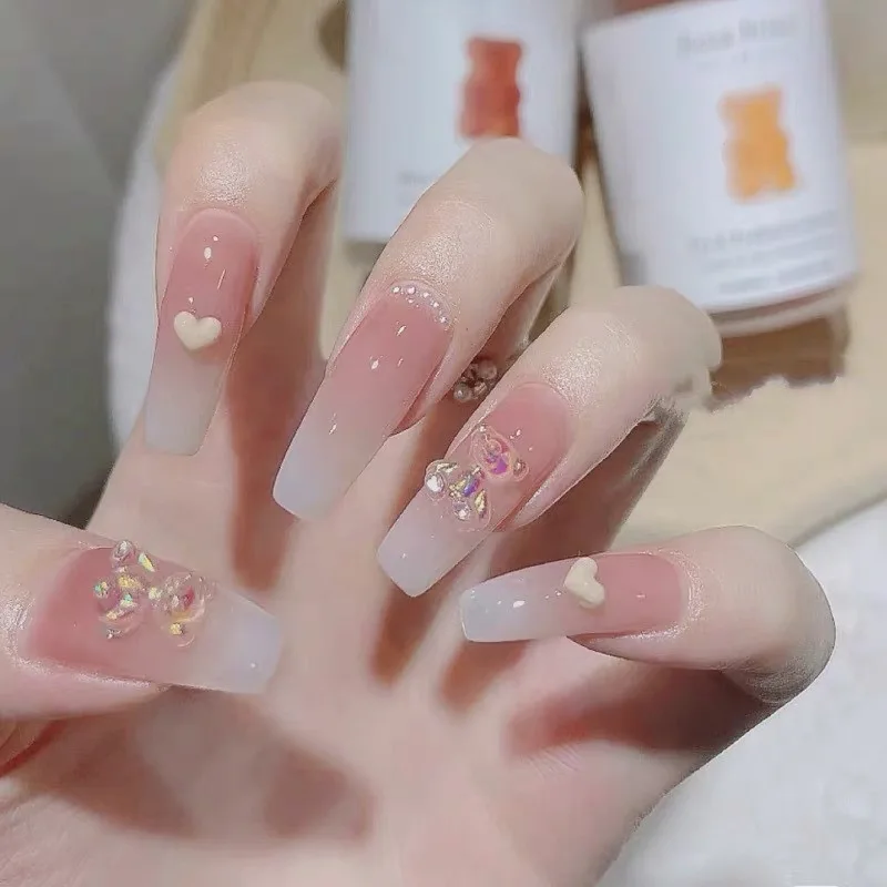 24pcs/box artificals nails with pink bear design detachable Ballet Coffin Fake Nails press on nails long full cover false nails