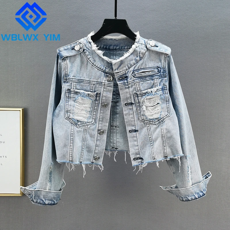 

Streetwear Women Jeans Jacket Short Coat Button Tassel Fashion O-Neck Ripped Denim Jacket Casual Autumn Loose Jeans Coat Female