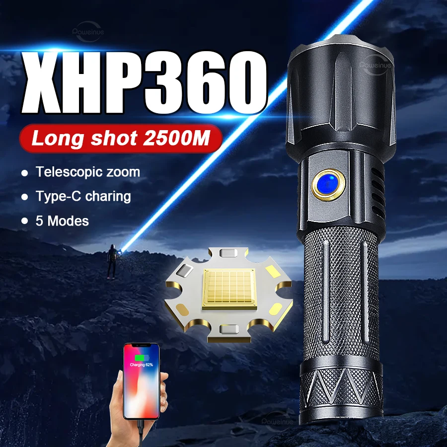 XHP360 светодиодный сверхмощный фонарик высокой мощности USB перезаряжаемый