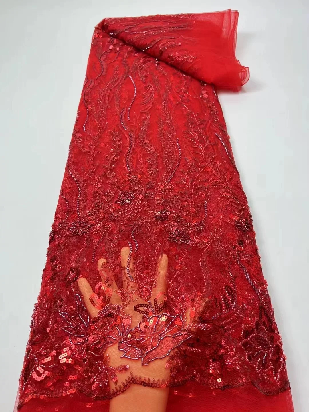 

African Red Beaded Lace Fabric Luxury Nigerian Mesh Lace Fabrics 2022 French Net Lace Fabric With Sequins For Wedding
