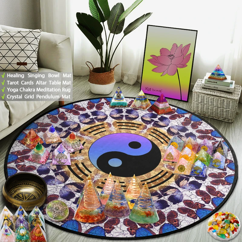 

Reiki Butterfly Yin Yang Round Rug Yoga Singing Bowl Meditation Mat Pagan Witchcraft Astrology Crystal Altar Tarot Card Pads