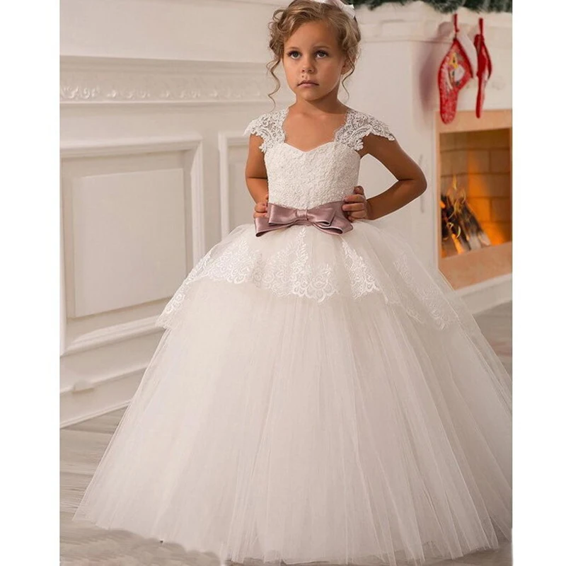 

White First Holy Communion Dress Ball Gowns Flower Girls Tulle Dress Wedding Party Princess robe fille enfant mariage de soiree