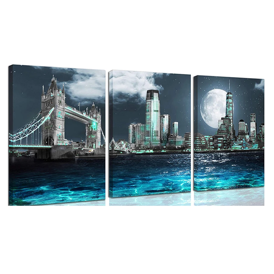 

Triptych Diamond Painting London City Rivier 3 pcs Full Diamond Embroidery Bridge Building Night Landscape Cross Stitch Mosaic