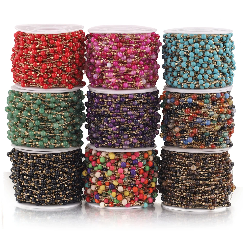 

1M Stainless Steel 4mm round Natural Stone Clip Beads Chains Turquoise Gemstone DIY Jewelry Bracelets Necklace Making Findings
