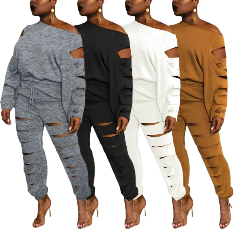 

Women Tracksuit Solid Hollow Out Pullover + Pant Sets Sexy Outfit Streetwear 2 Piece Sets Womens Outfits