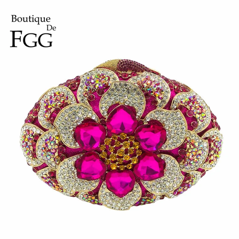 Boutique De FGG Fuchsia Women Crystal Clutch Flower Evening Purse Minaudiere Handbag Wedding Party Bridal Chain Shoulder Bag