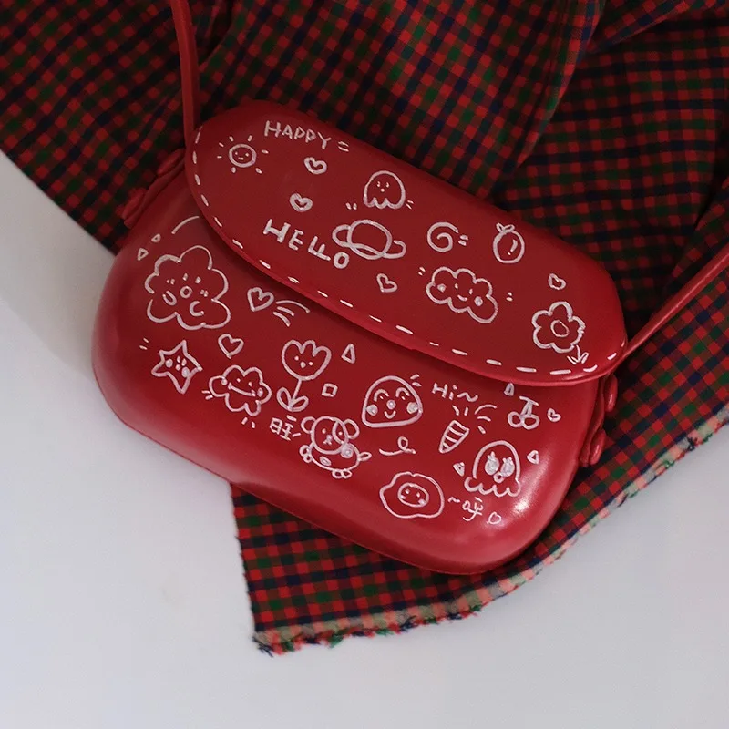 

MBTI Cute Graffiti Womens Shoulder Bag Vintage Red Cartoon Hand-painted Saddle Bag Pu Leather Original Brand Kawaii Handbag Sac