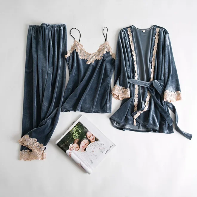 Зеленый велюровый Пижамный костюм женская пижама из 4 предметов рубашка и брюки