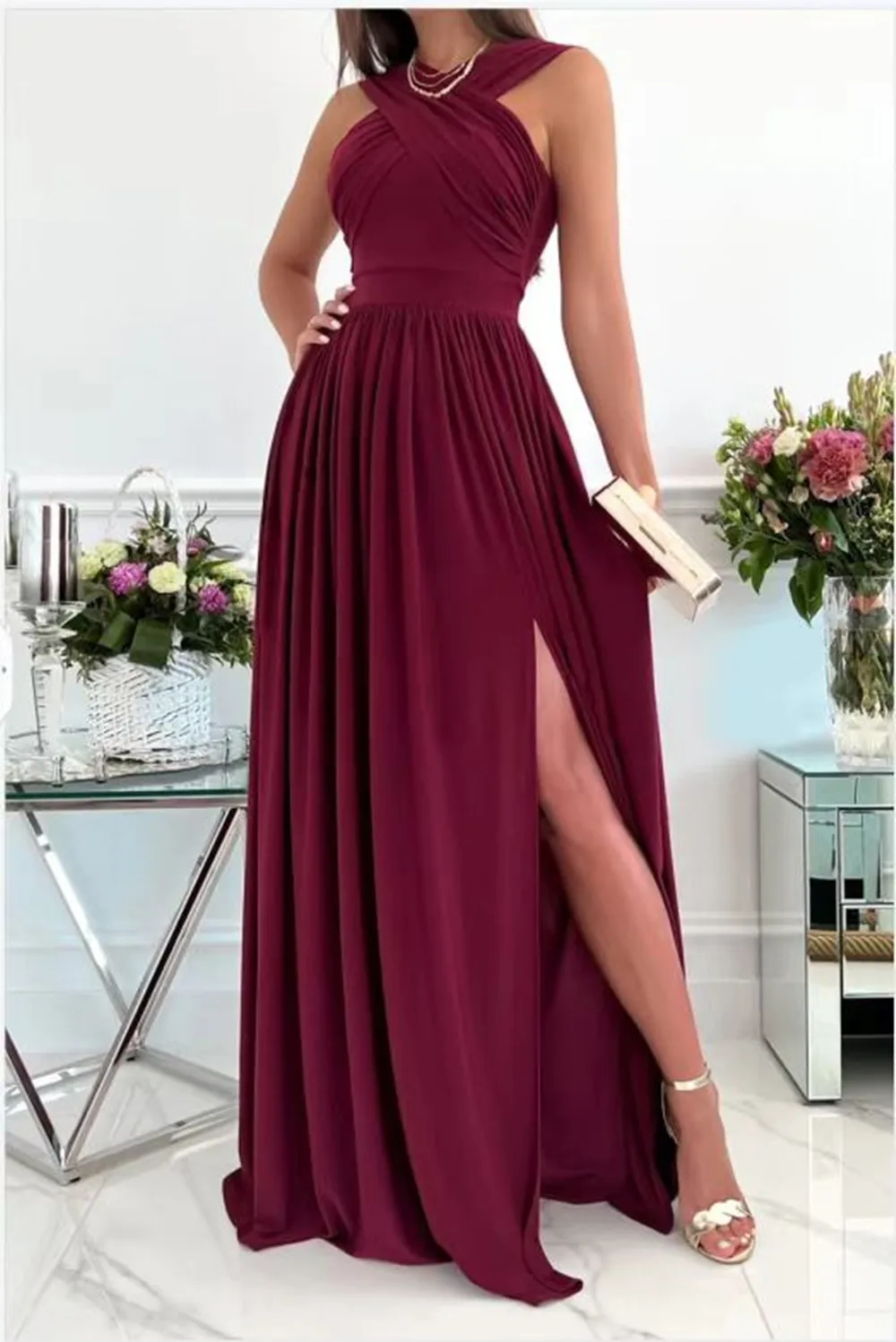 

Summer Slit Cutout Maxi Party Dress Elegant One Shoulder Solid Color Dress Backless Women Long Wedding Evening Sexy Robe