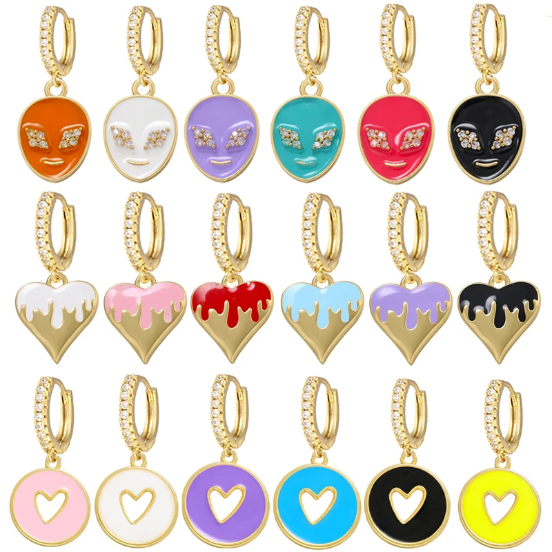 

QMHJE Alien Dangle Small Hoop Earrings for Women Enamel Heart Round Cute Smile Aniaml Elephant Neon Green Oiled Candy Colors