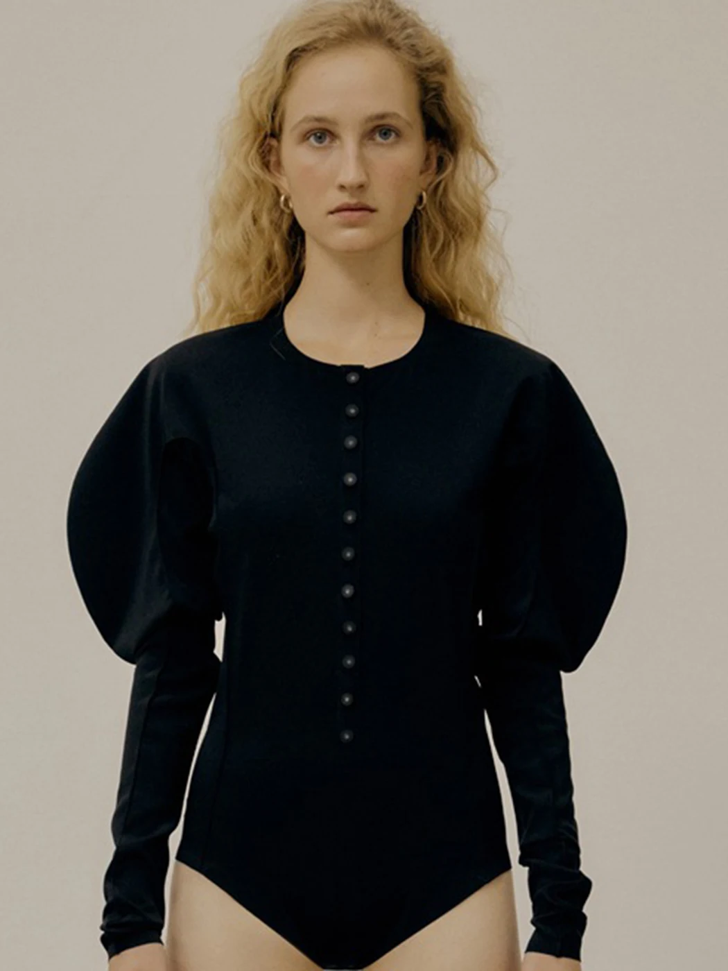 

Retro Bodysuit Women Spring Autumn Puff Sleeve Round Neck Button Black Playsuit Elegant Chic Casual Slim Jumpsuit Female 2022