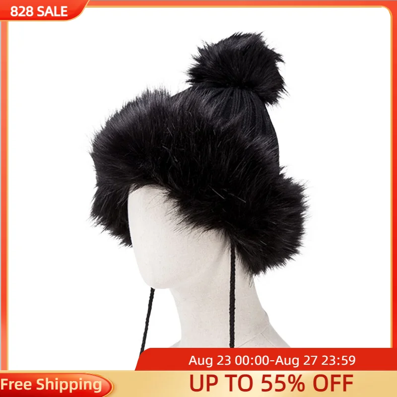 

BISON DENIM Winter Cap For Women With Ear Protection Warm Cute Girls Knitted Beanie Hat With 3Balls Fur Pompom Ladies's Cap 2023