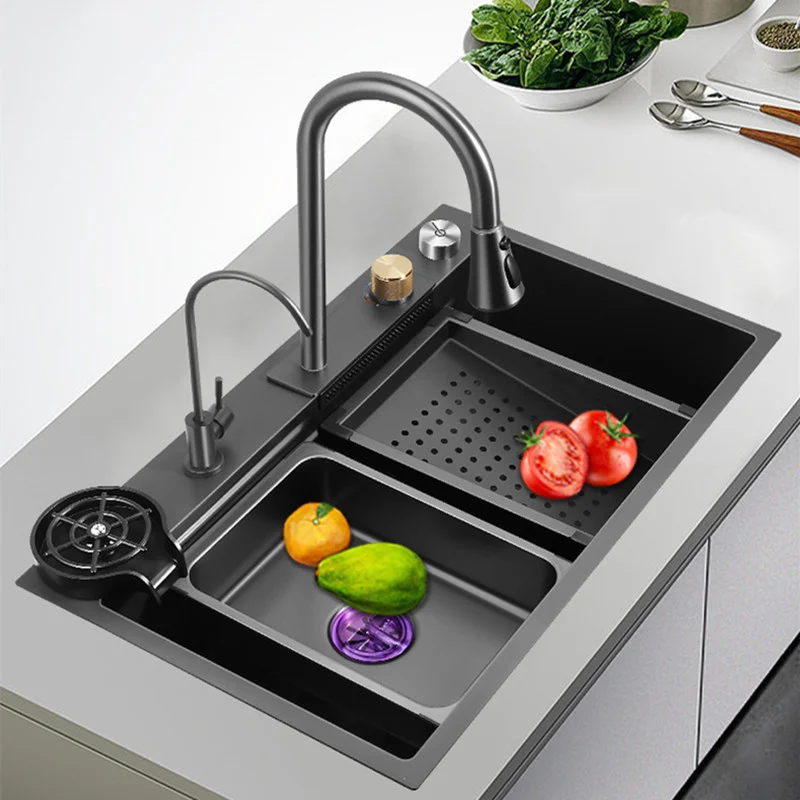 

Black Nano Kitchen Sink 304 Stainless Steel Waterfall Large Single Slot Multi-Functional Knife Rest Device With Faucet