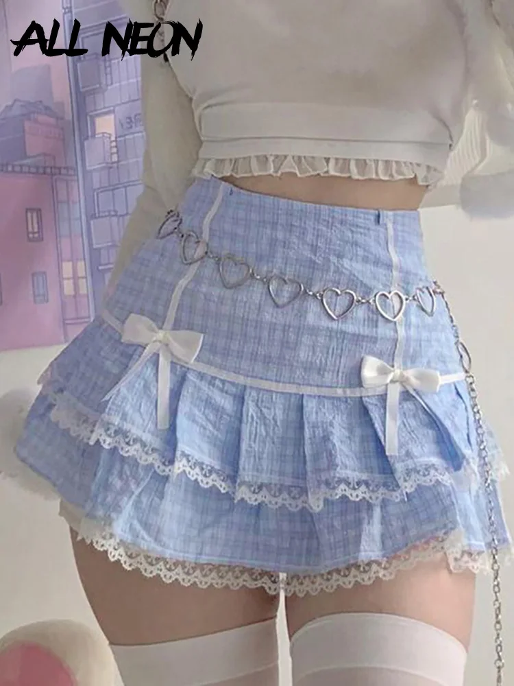

ALLNeon 2000s Aesthetics Cute Lace Trim Blue Plaid Ruffles Skirts Y2K Harajuku Kawaii High Waist Pleated Skirt Bow Egirl Clothes