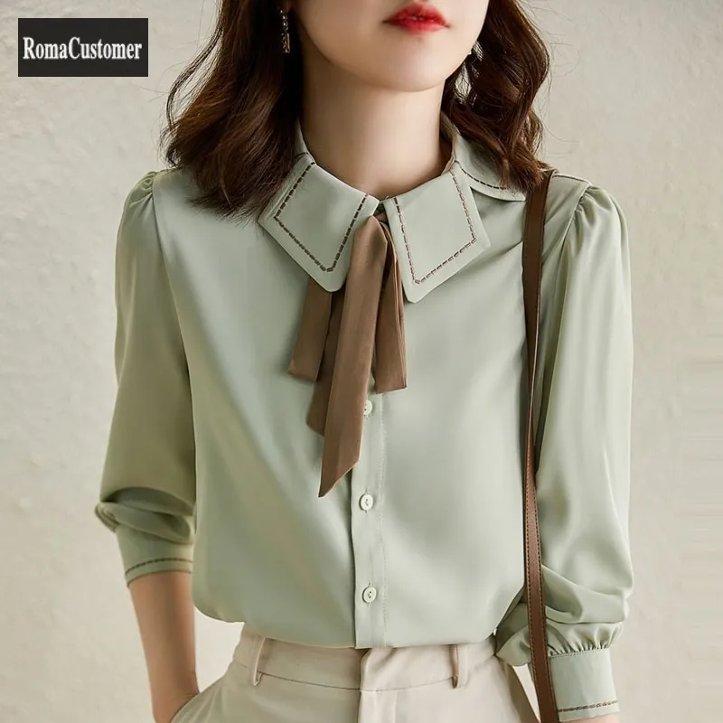 

France Style Womens Autumn New Shirt Elegant Bow Lace Up Long Sleeve Wild Single Breasted Trend Turn-Down Collar Casual Blouse