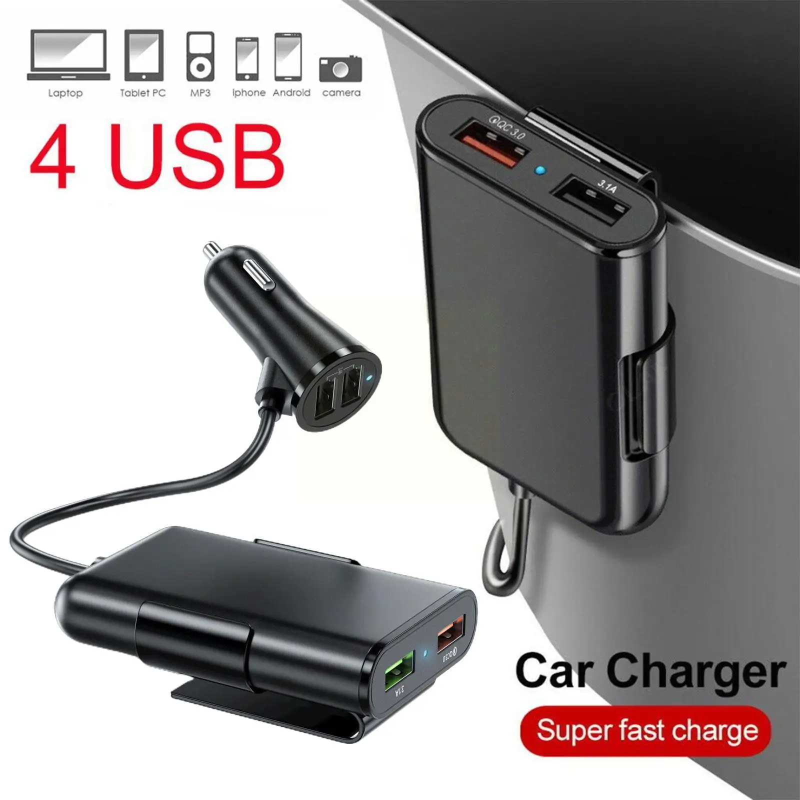 

Quick Charge QC 3.0 Car Charger For Phone 4 Ports USB Fast Charging 1.7M Extension Cable For Xiaomi iPhone Mobile Phone Cha G2F8