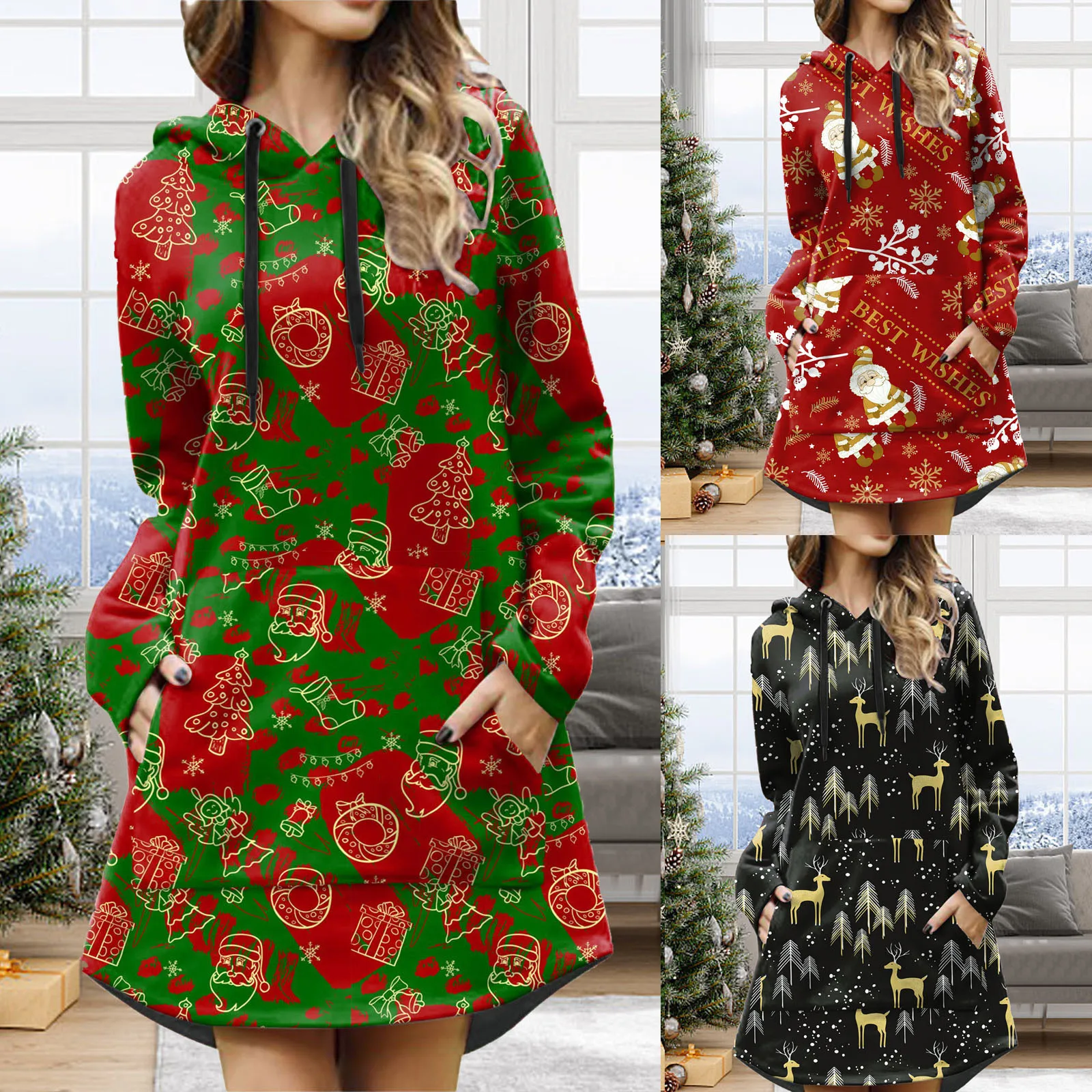 

Женская толстовка на шнуровке с принтом и карманами, рождественские свитшоты с длинным рукавом, платье, пуловер с карманами