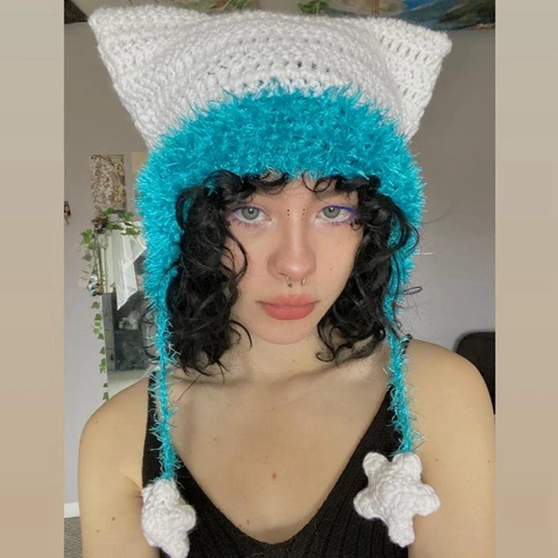 

Scriardv Women Cat Beanies Y2k Winter Warm Cat Ear Hat Grunge Goth Beanies Crochet Beanie for Outdoor Activities Streetwear