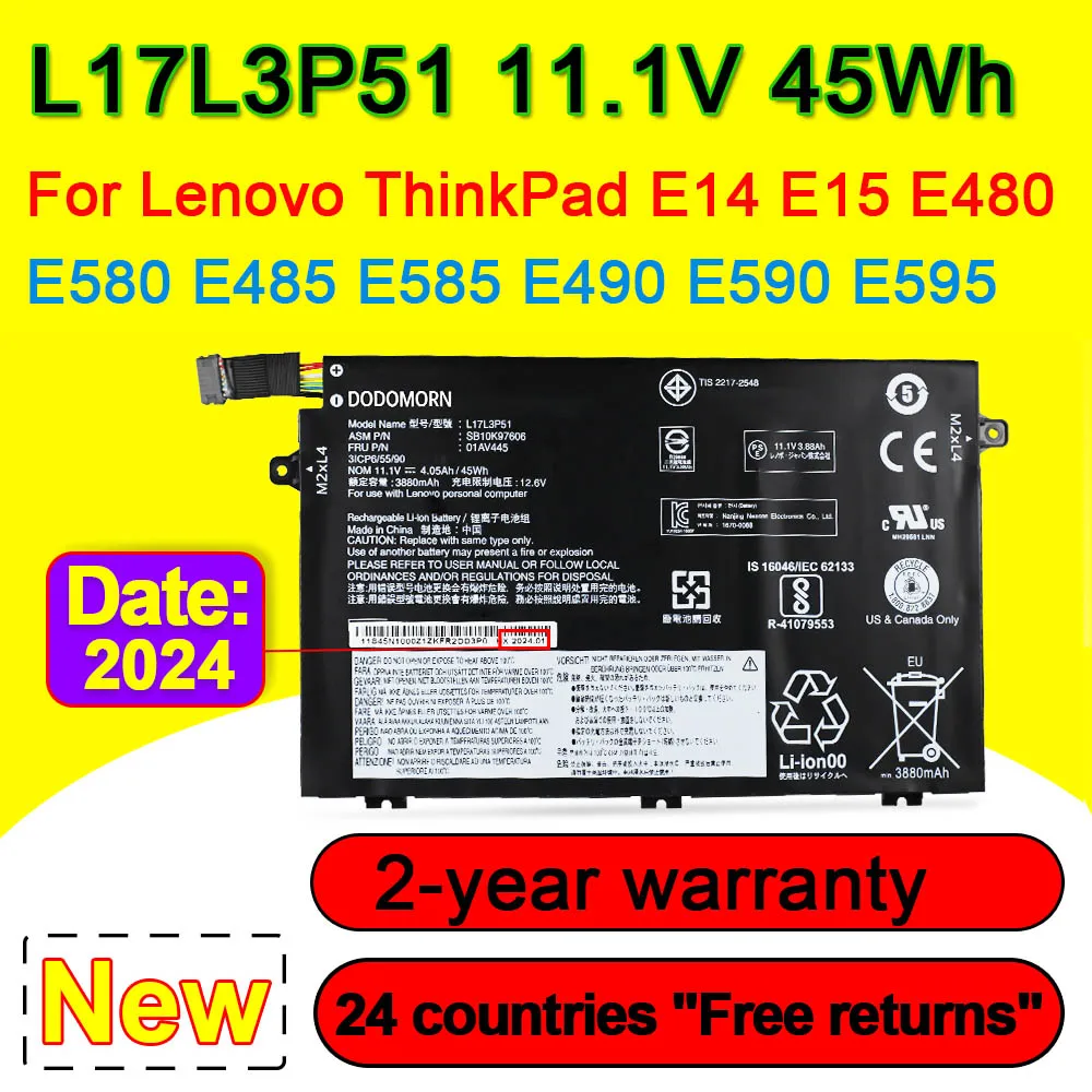 01AV445 L17L3P51 Аккумулятор для Lenovo ThinkPad E14 E15 E480 E490 E495 E580 E585 E590 E595 Ноутбук L17M3P51 L17C3P51 01AV446