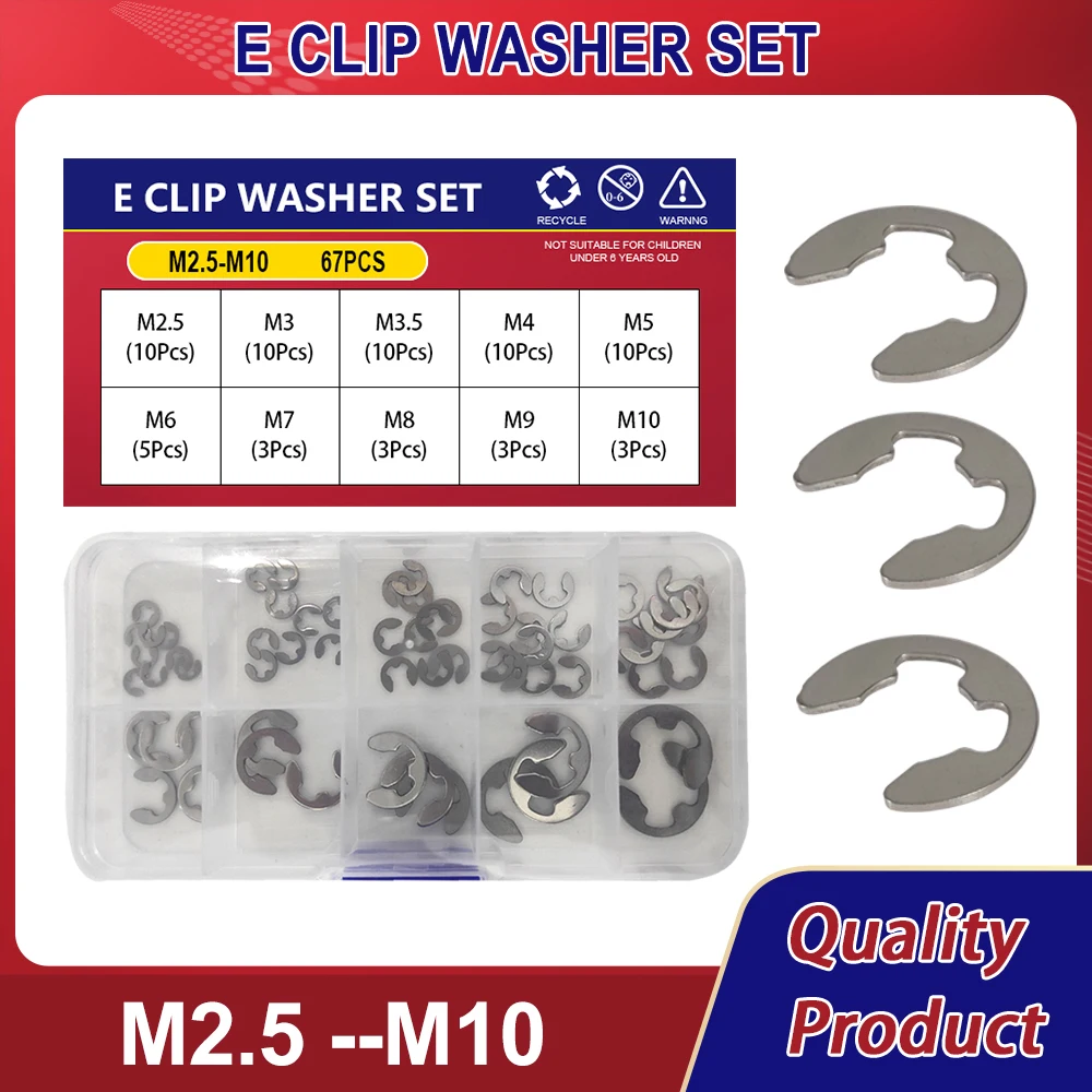 

304 Stainless Steel E Clip Washer Circlip Assortment Kit External Retaining Clip For Shaft M2.5 M3 M3.5 M4 M5 M6 M7 M8 M9 M10