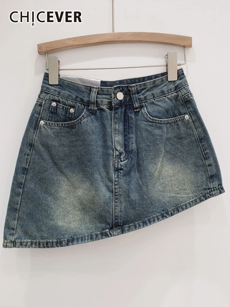

CHICEVER Asymmetrical Mini Skirts For Women High Waist Patchwork Pockets Solid A Line Bodycon Slim Skirt Female Summer Clothing