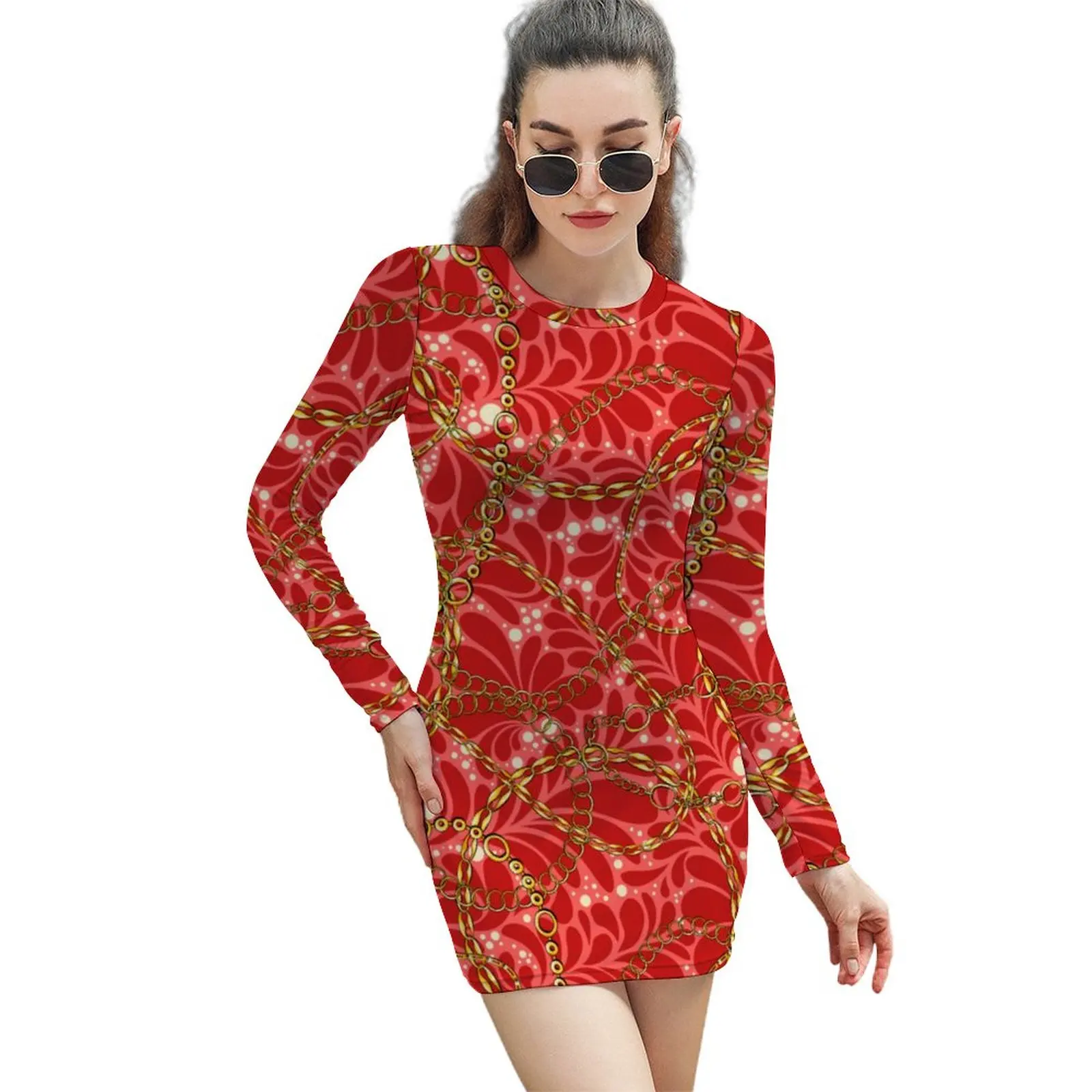 

Женское облегающее платье с принтом золотых цепей, красные Модные Платья с цветочным принтом, уличная одежда с длинным рукавом, платье с графическим принтом, большой размер 2XL, для осени
