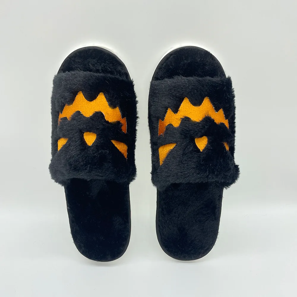 Fluffy Winter Warm Slippers Woman Girls Halloween Pumpkin Cartoon House Slippers Furry Comfort Flat Shoes Zapatos Mujer