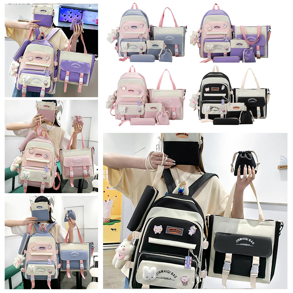 

Kawaii Cute School Book Pack 5pcs Canvas Backpacks Badge Pins Pendant Student Girl Knapsack Combo Set Travel Work Bagpacks 2023