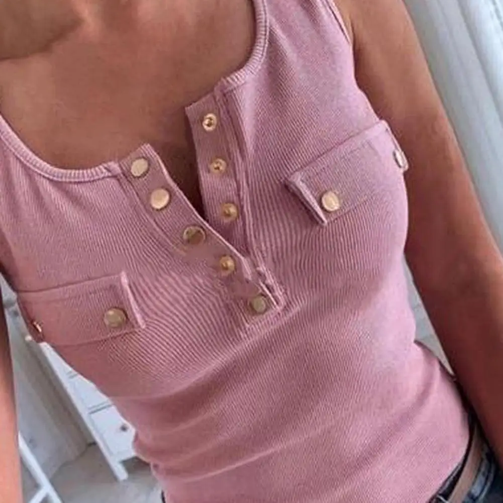 

Women Sexy Solid Color V Neck Sleeveless Buttons Ribbed Slim Blouse Top Vest