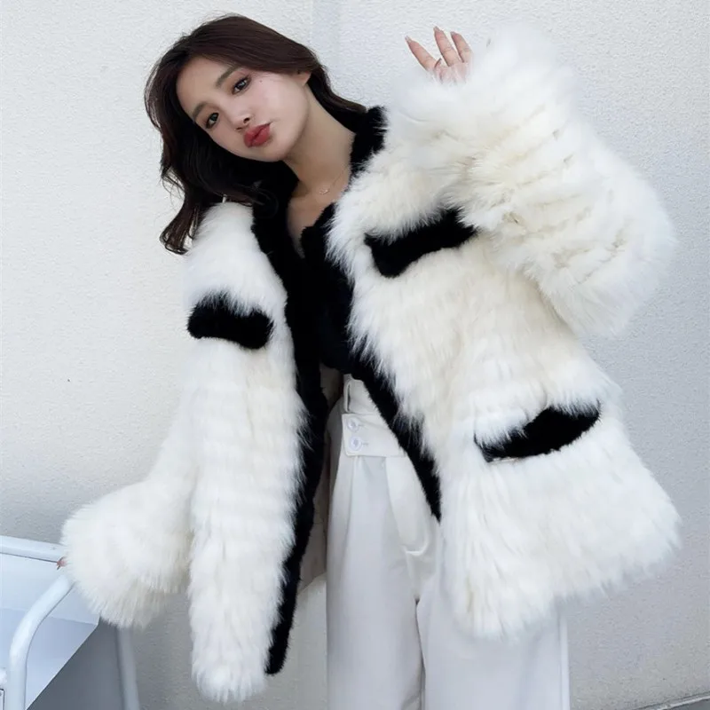 autumn new women real fox fur jacket ladies long sleeve o neck knitted fur coat black white