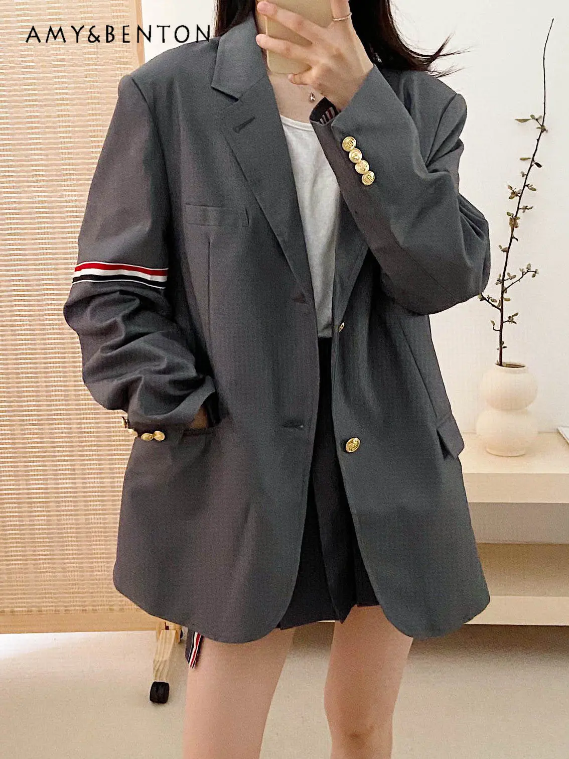 Early Autumn New Couple's Suit Casual Ol Workplace British Style Suit Jacket Fashion Long Sleeve Women's Loose Gray Blazer Coat