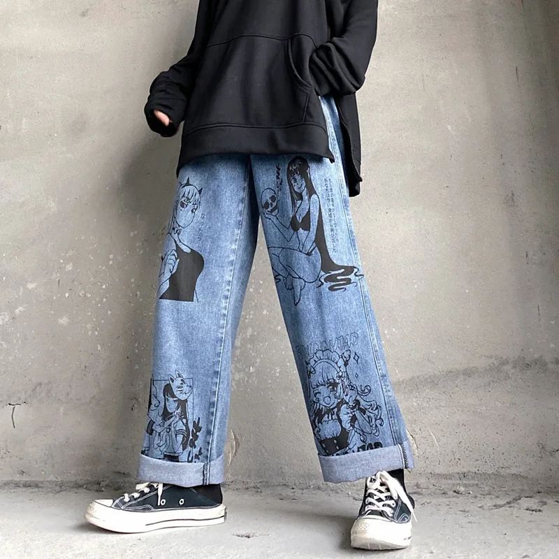 Jeans Men's Brand Clothing Cartoon Printing Harajuku Korean Casual Fashion Graffiti Loose Wide-leg 9-point Pants Men Streetwear