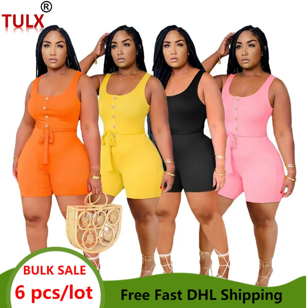 

6pcs Wholesale Items Bulk Lots Jumpsuit Women Solid Color Tank Romper with Sashes Summer Elegant Sleeveless Slim Playsuits 7720