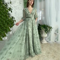 lorie illusion fairy green a line lace party gowns 3d bow appliques belt low cut v neck formal dresses short sleeves prom gown
