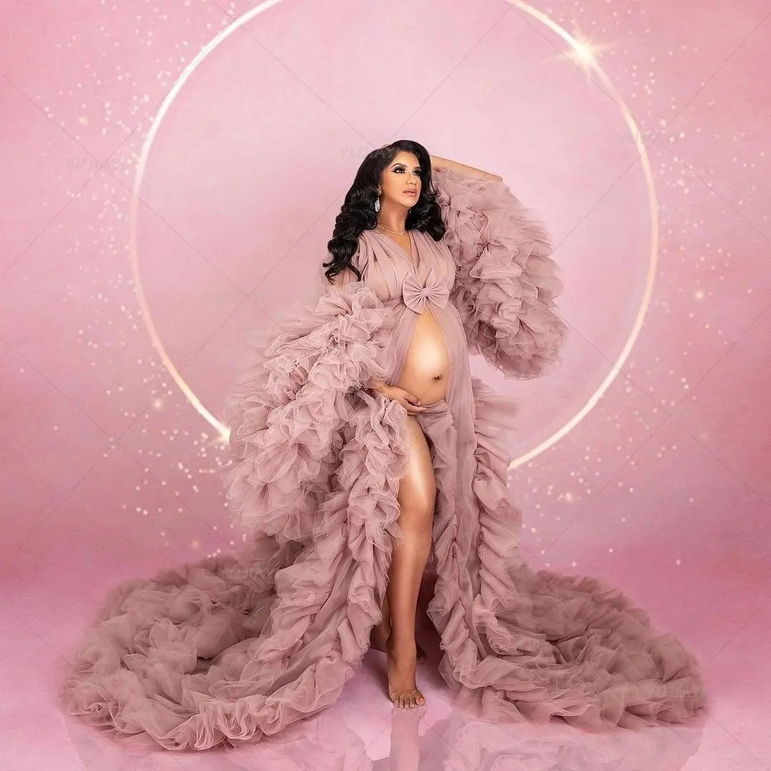 Розовые платья для беременных с длинными пышными рукавами фотосессии разрезом