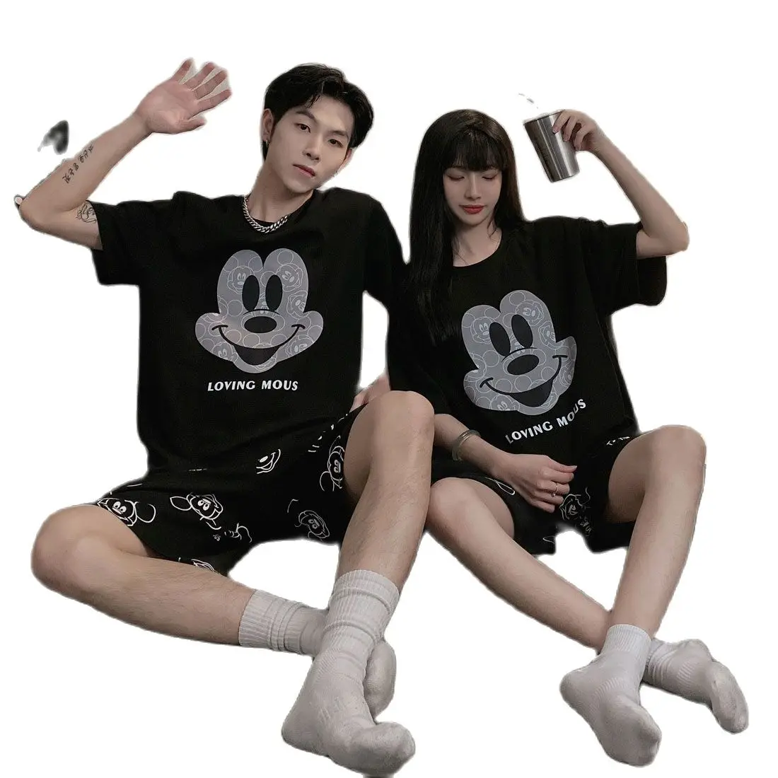 Disney Mickey Mouse Summer Couples Sleepwear Cotton High Quality Tshirt Top and Loose Shorts Men Women's Pajamas Set Dark Styles
