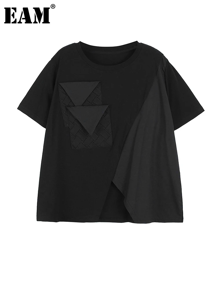 

[EAM] Women Black Irregular Design Big Size Casual T-shirt New Round Neck Short Sleeve Fashion Tide Spring Summer 2022 1DE9193