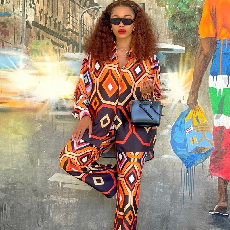 

Elegant Two Piece Set Printed Outfits Dashiki African Clothes Women Casual Long Sleeve Blouse Shirt And Trousers 2pcs Pants Suit