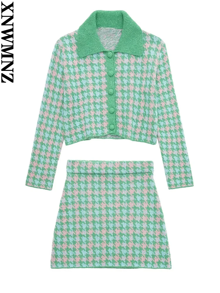 

XNWMNZ 2022 Women Fashion Cropped Houndstooth Knit Cardigan Sweater or High Elastic Waist Mini Skirt Female Two Piece Sets