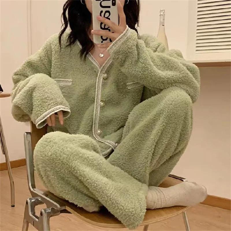 2023 New Pajamas Set Women Winter Coral Velvet Pyjamas Sets Sweet Cute Flannel Long Sleeve Female Homewear Nightwear