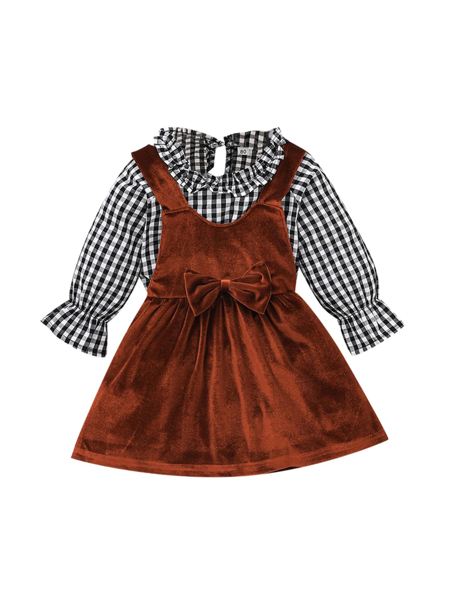 

Kids Toddler Baby Girls Fall Winter Outfit Ruffle Plaid Long Sleeve Shirt Top Suspender Overall Dress Skirt Set