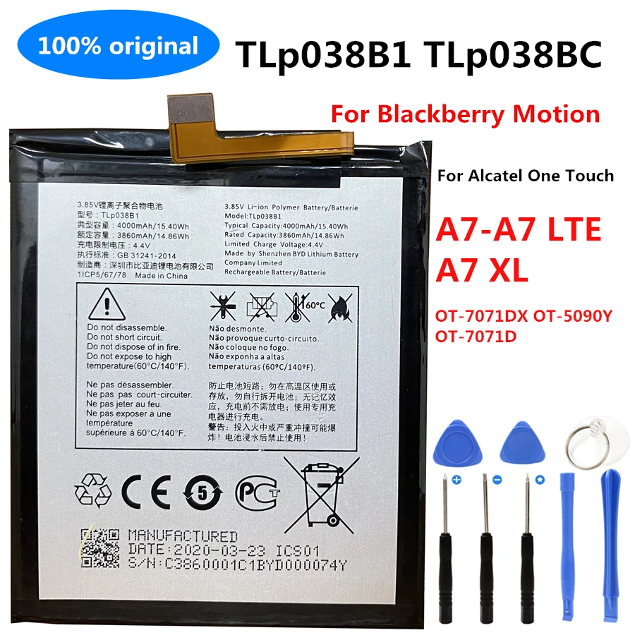 

New 4000mAh TLp038B1 TLp038BC Battery for Blackberry Motion for Alcatel One Touch A7 / A7 LTE /A7 XL OT-7071DX OT-5090Y OT-7071D